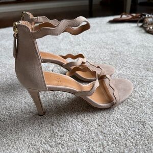 J. Crew Factory Taupe Ruffle Strap Heels